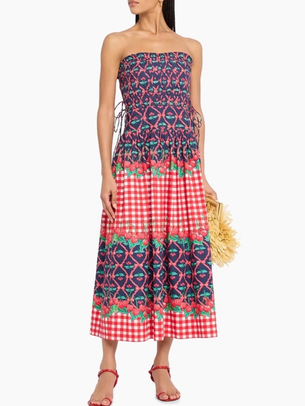 Damson Madder Kelia Cherry Pie Gingham Strapless Cotton Midi Sundress US 8 UK 12 - Picture 2 of 11
